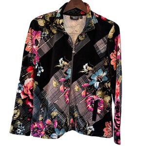 Onque Casual Womens Black Floral Velvet Zip Up Jacket Size L